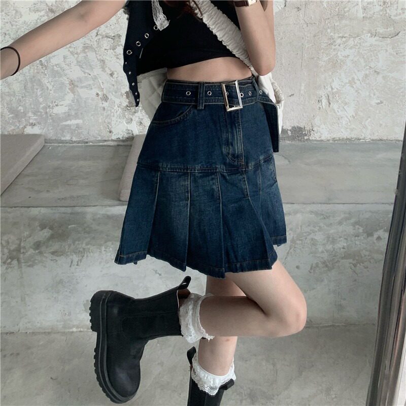 大码胖mm牛仔半身裙女2024夏季新款复古高腰显瘦辣妹A字百褶短裙
