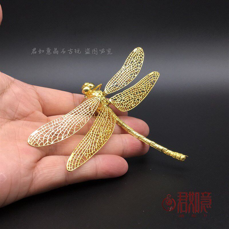 复古包浆实心铜鎏金蜻蜓小摆件镂空翅膀红蜻蜓手工铜艺昆虫茶宠