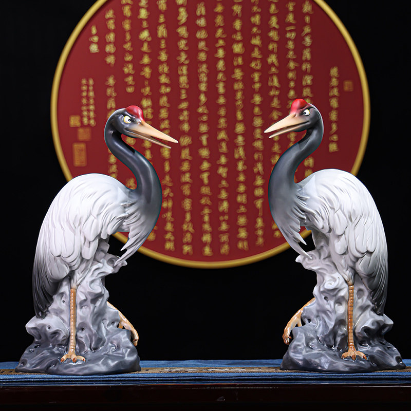 德化陶瓷彩绘仙鹤礼物摆件松鹤延年家居客厅玄关贺寿工艺品装饰品