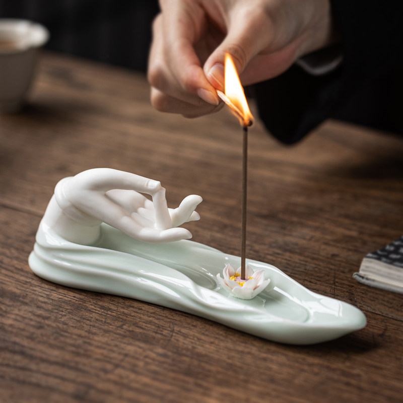 创意中式陶瓷观音佛手摆件禅意莲花线香香插熏香炉茶室茶道装饰品,农用物资,苗木固定器/支撑器,淘宝优惠券,粉丝福利购,淘宝优惠卷