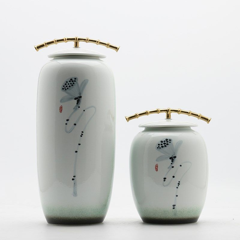 现代新中式创意莲花陶瓷储物罐摆件客厅茶几家居饰品酒柜橱窗摆件
