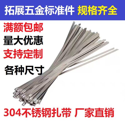 304不锈钢扎带4.6*200 300mm 100条 自锁式金属卡扣 白钢绑带