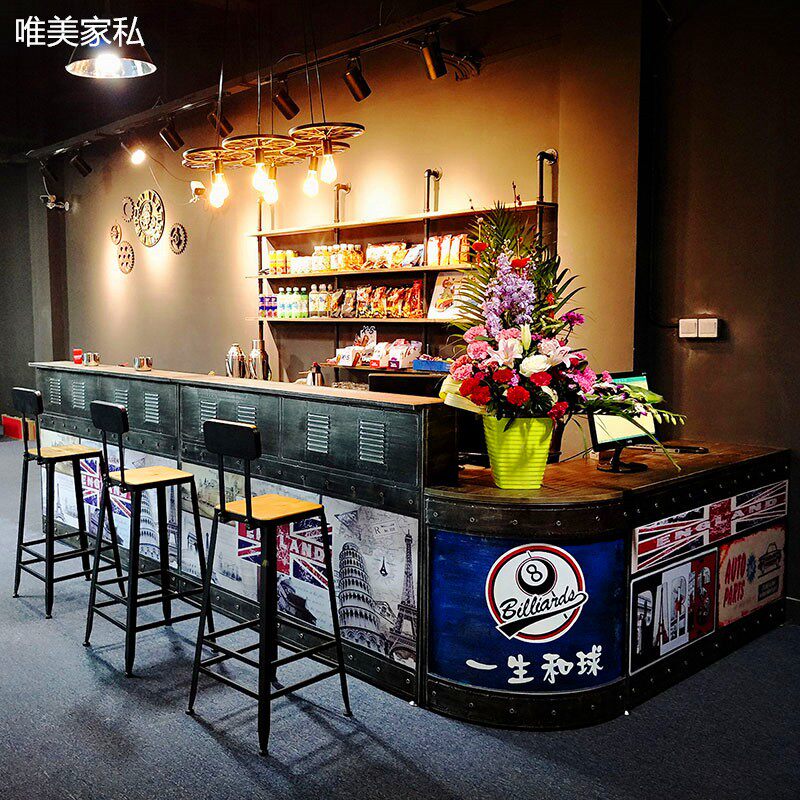 工业复古收银台柜台美式铁艺餐厅吧台转角弧形酒吧吧台桌前台