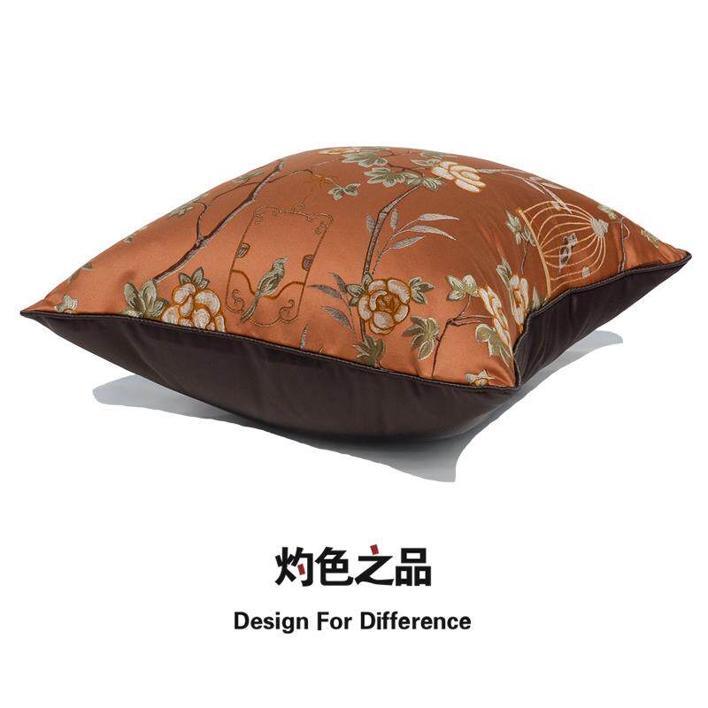 茶色绸缎绣花抱枕现代简约新中式床头沙发客厅大靠背靠枕靠垫方枕