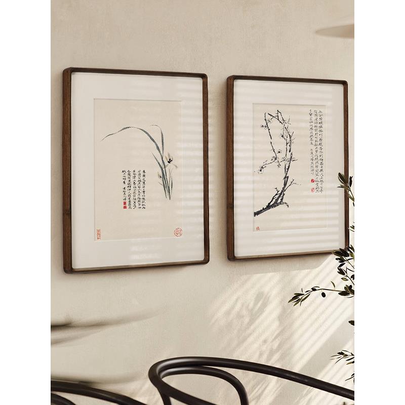 石涛花新中国风餐厅装修画客厅茶室入口挂画实木桌面装饰画框空框