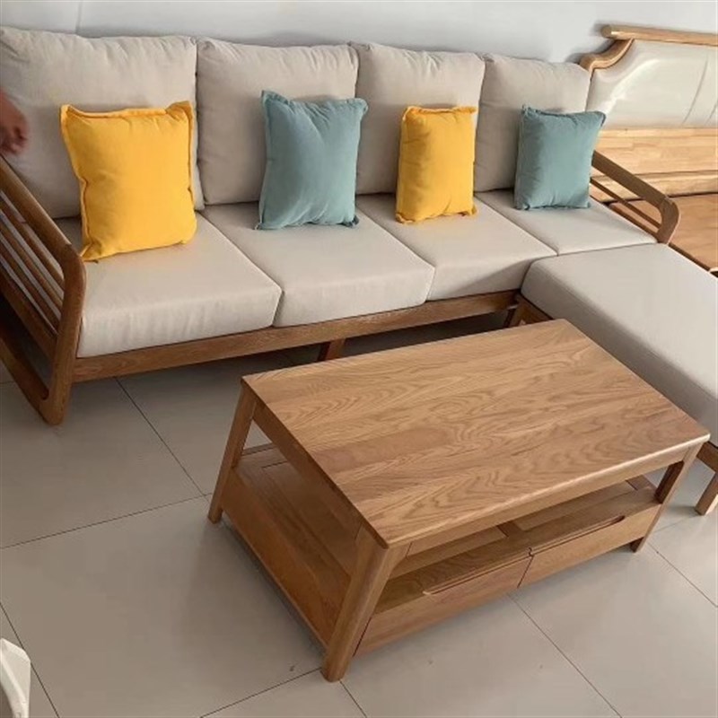 长方形实木白橡木镀金智能田园组合客厅电视柜茶几