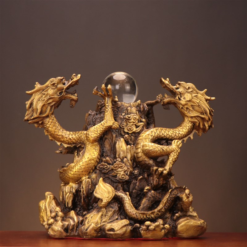 铜双龙戏珠摆件 二龙戏珠 铜双龙工艺品 家居店铺 铜龙摆件