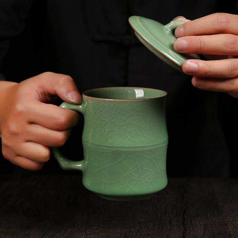 青瓷竹节茶杯陶瓷办公室有柄有盖泡茶杯家用水杯个人杯马克杯