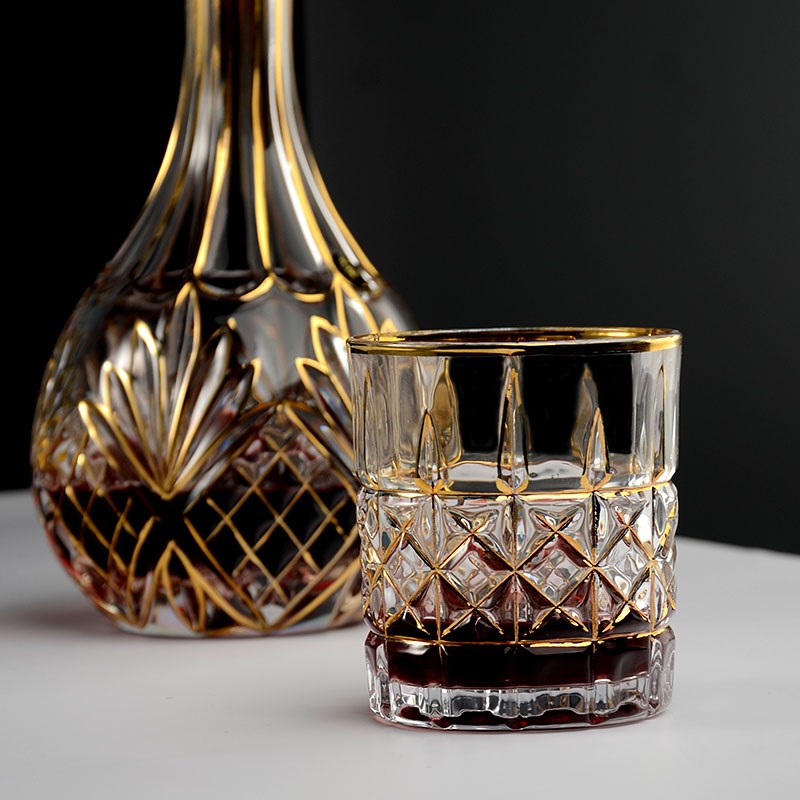 奢华宫廷风描金威士忌酒杯酒瓶酒樽金属镜面托盘套装家用装饰摆件
