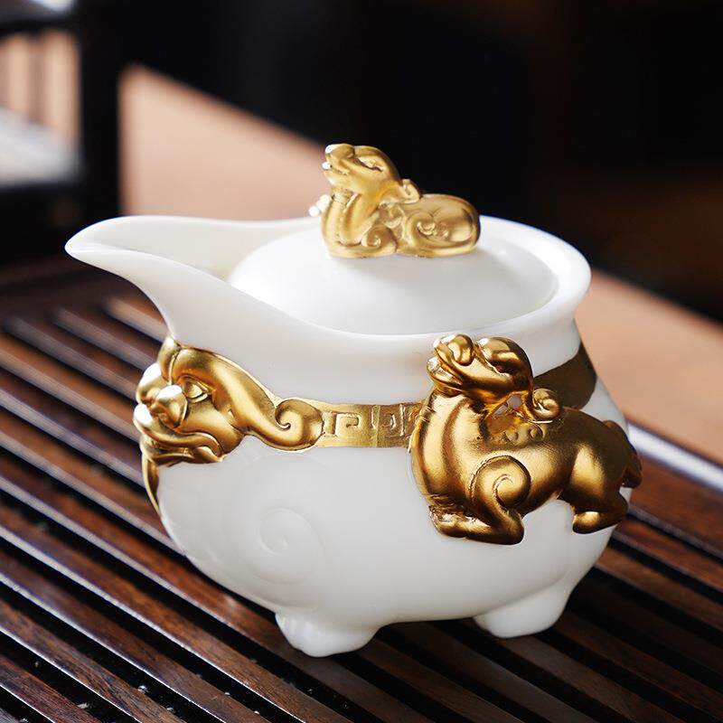 宋瑜羊脂玉瓷茶壶泡茶家用礼品鎏金壶八方瑞兽壶麒麟手抓壶玉玺壶