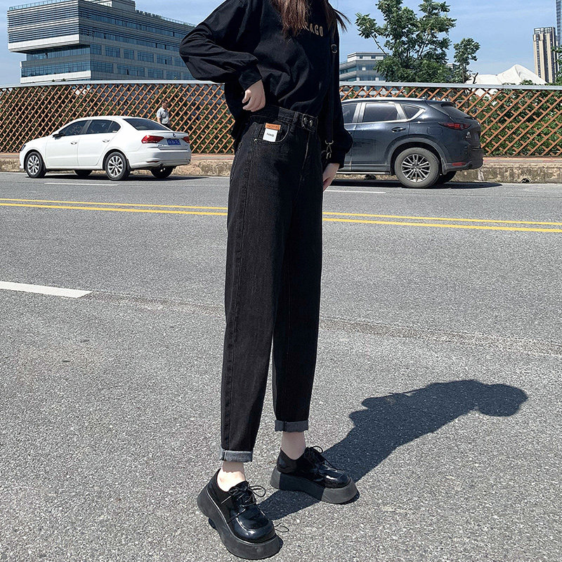 松紧腰加绒黑色哈伦牛仔裤女高腰宽松2021年秋冬大码胖MM显瘦裤子