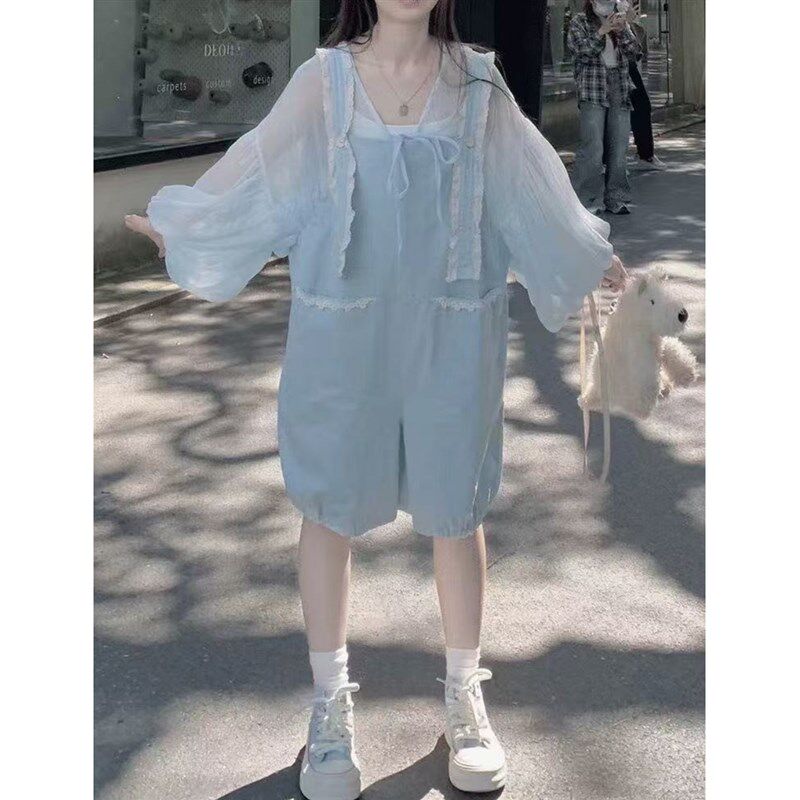 夏日新款绝美裤子多巴胺穿搭一套温柔度假风清纯甜美背带裤套装女