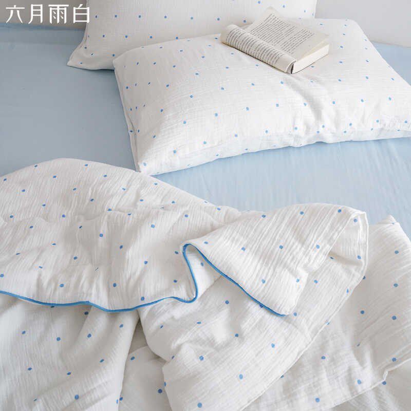六月雨白[蓝波点]4q0支双层纱皱皱纱亲肤柔软夏凉被空调被子