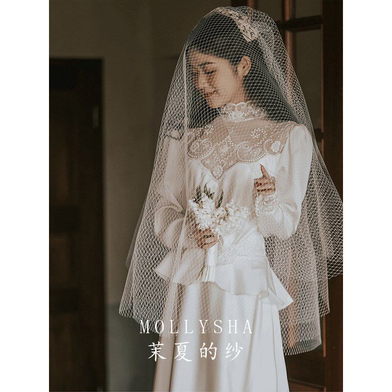 茉夏的纱2023新款新娘氛围感大网格盖头头纱结婚旅拍小众拍照神器