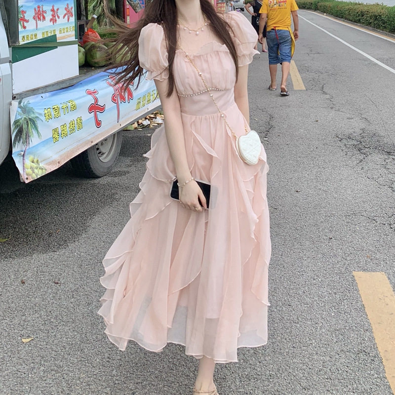 文艺网红泡泡袖减龄连衣裙女夏季甜美小清新温柔仙女风长款连衣裙