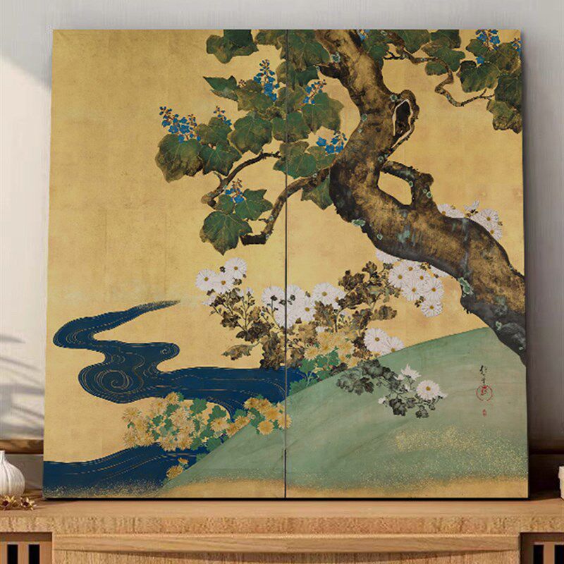 酒井抱桐菊流水图日式家居装饰画中古茶楼挂画新S中式书房背景墙