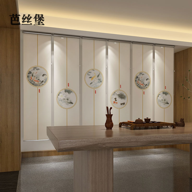 中式卧室卷帘窗帘布艺茶室餐厅客厅软隔L断升降电动半透明屏风帘
