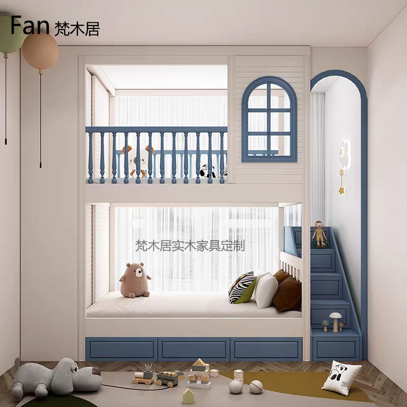 简约实木儿童房树屋床小户t型多功能双层上下铺连体衣柜组合高低