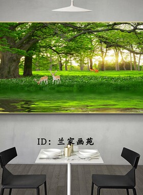 客厅沙发电视墙壁画风p景树装饰画绿色大树晶瓷画花鸟森林麋鹿挂