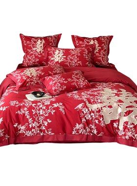 新中式婚庆全棉h长绒棉四件套结婚红色喜刺绣被套花鸟古典新婚床