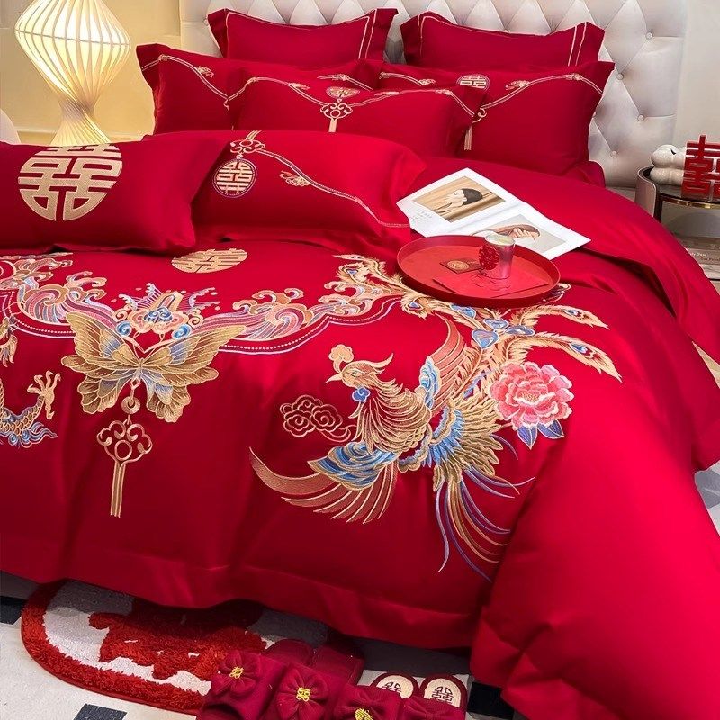 高档中式结婚四件套红色龙凤刺绣被套纯棉婚庆床上W用品婚房六件