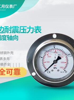 YN-60ZT  带边耐震压力表油压双刻度轴向 0-1.6MPA  液压水压表头