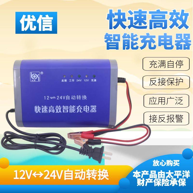 优信12V24V自动转换蓄电池汽车货车游乐场碰碰车电瓶充电器铅酸型