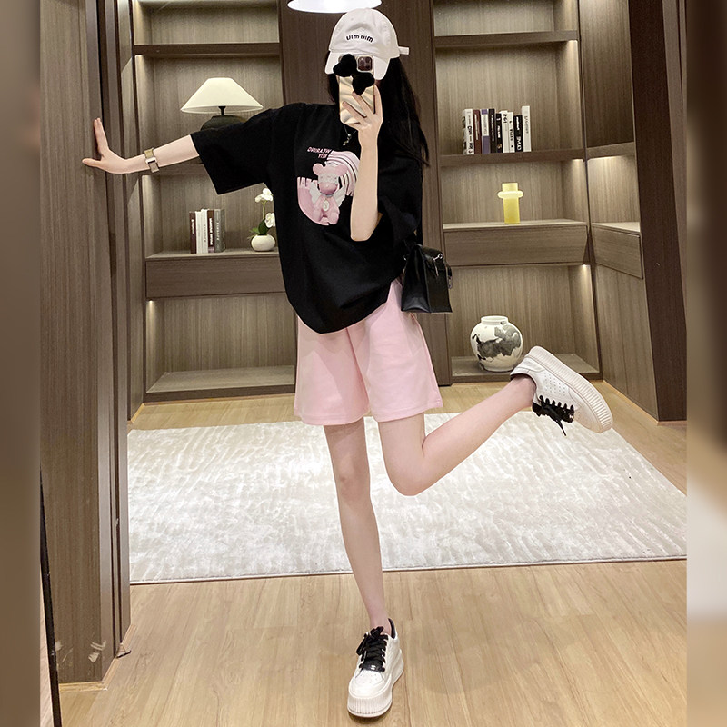 时尚百搭休闲运动套装女夏季新款活泼减龄短袖T恤粉色短裤两件套