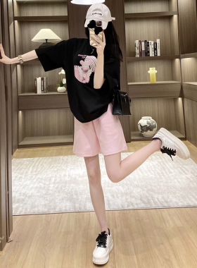 时尚百搭休闲运动套装女夏季新款活泼减龄短袖T恤粉色短裤两件套