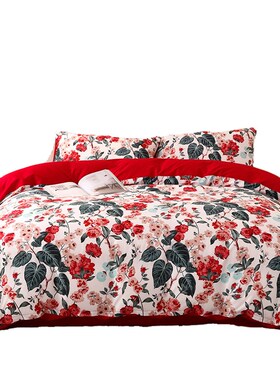 乐优公主10f0支长绒棉结婚四件套大红色被套床单喜被婚庆床上用品