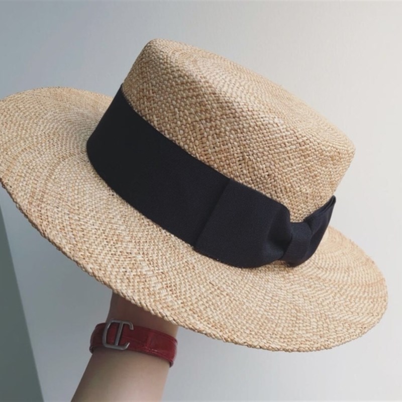 夏日阳光 显脸小 手工编织轻便宝草帽子平顶复古法式草帽遮阳帽