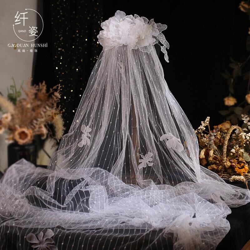 法式新款白色花朵长款大拖尾婚礼头纱新娘结婚主婚纱造型样片配饰