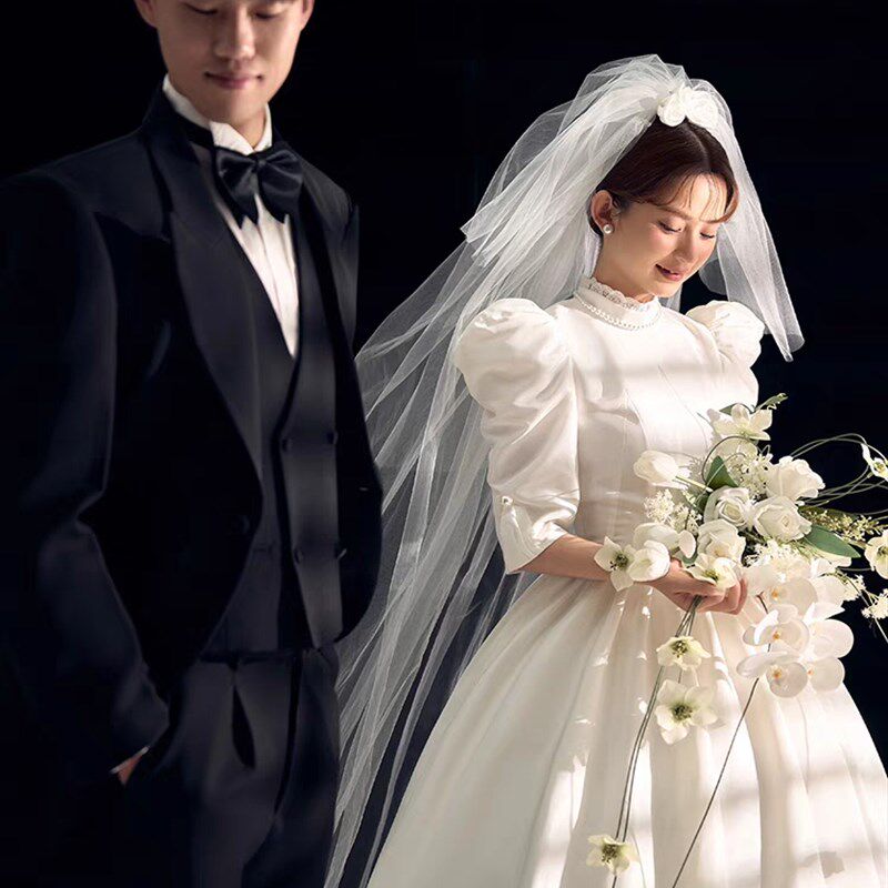 影楼拍照主题头纱新娘婚纱照摄影婚礼现场拖尾三层蓬蓬公主头纱