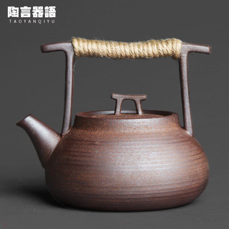 岩矿陶泥山远提梁煮茶壶手工复古粗陶中式禅意炭炉电陶炉烧水单壶