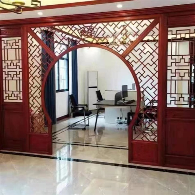 实木月洞门定制 客厅背景墙玄关隔断月亮门订Q制 仿古中式落地罩