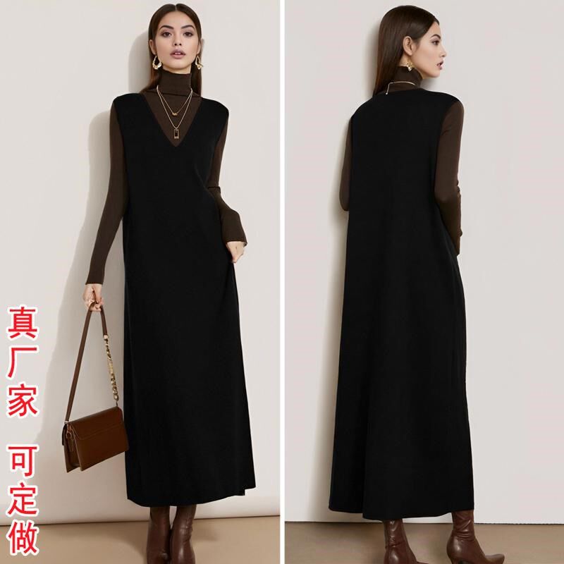 2025新款黑色V领无袖连衣裙女春秋新款高个子显瘦长裙经典背心裙