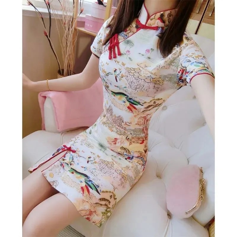 2025夏季新款改良旗袍小清新年轻款小个子短款修身显瘦印花连衣裙