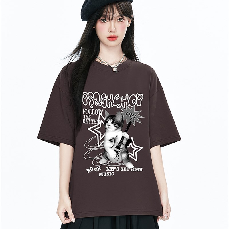 桃气商店 创意卡通吉他小猫正肩圆领短袖T恤女潮牌情侣夏季半截袖