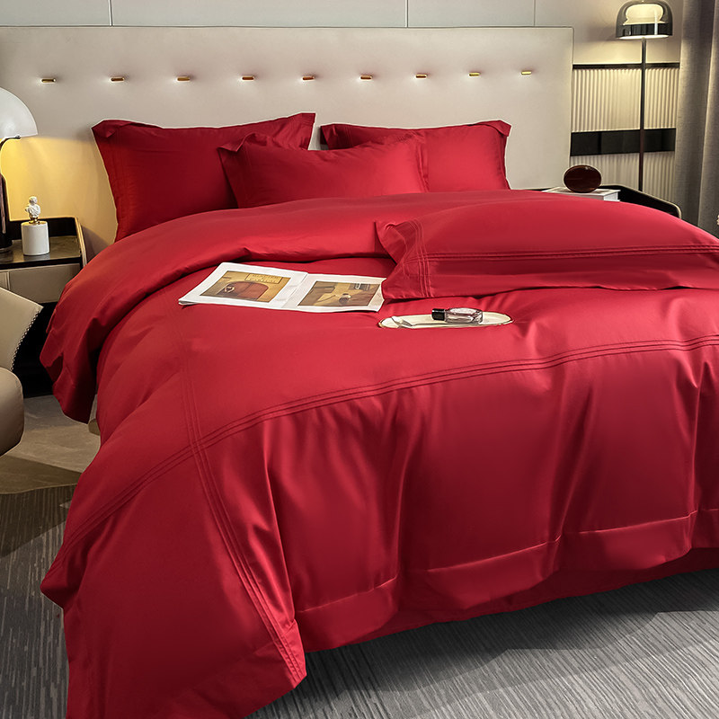 简约高级结婚铺牀上用品100支长绒棉红K色牀单婚庆纯色四件套4