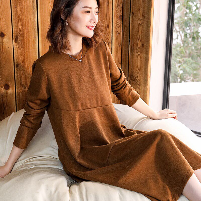 长袖针织连衣裙女秋装大码气质裙子中长款打底裙