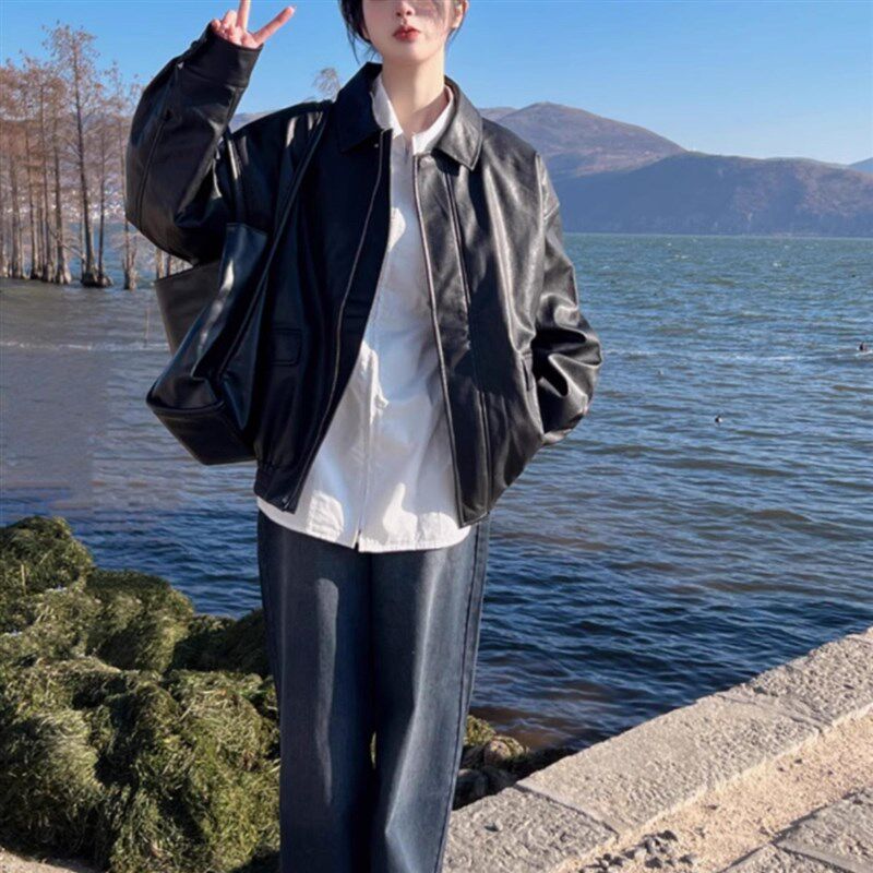 美拉德棕色皮衣外套女2025新款春秋酷飒风高级感机车短款pu皮夹克