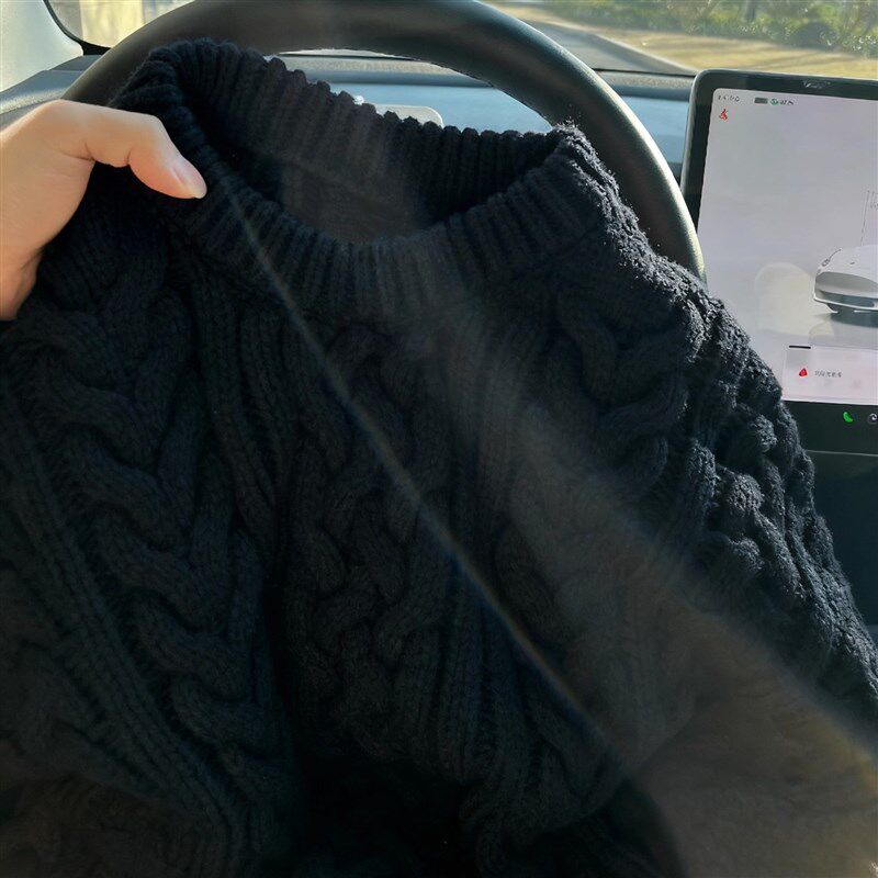 加厚版!慵懒风黑色粗针麻花套头毛衣女冬季新款宽松百搭针织衫潮