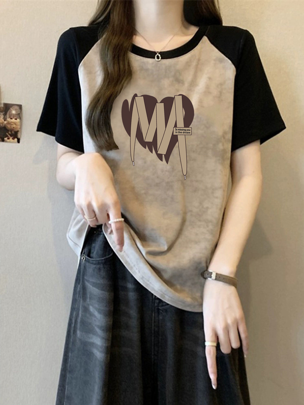 大码胖mm插肩撞色短袖女夏季纯棉正肩t恤不规则设计感小众上衣潮