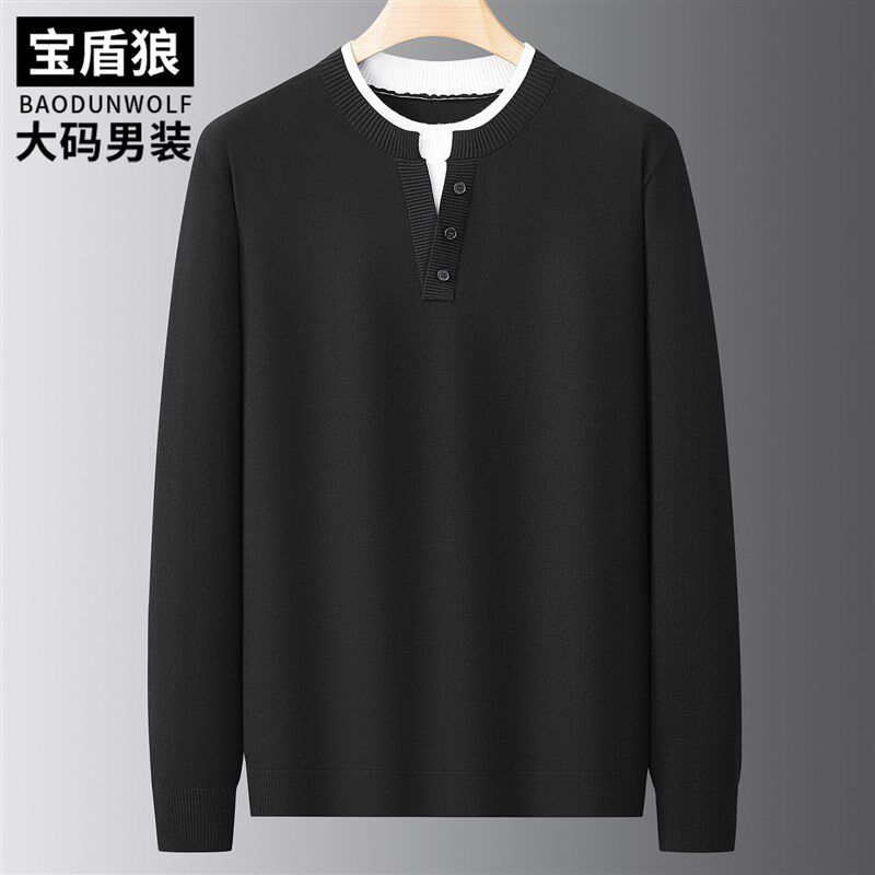 加肥加大男士拼色领假两件针织衫胖子时尚休闲春秋款套头长袖毛衣