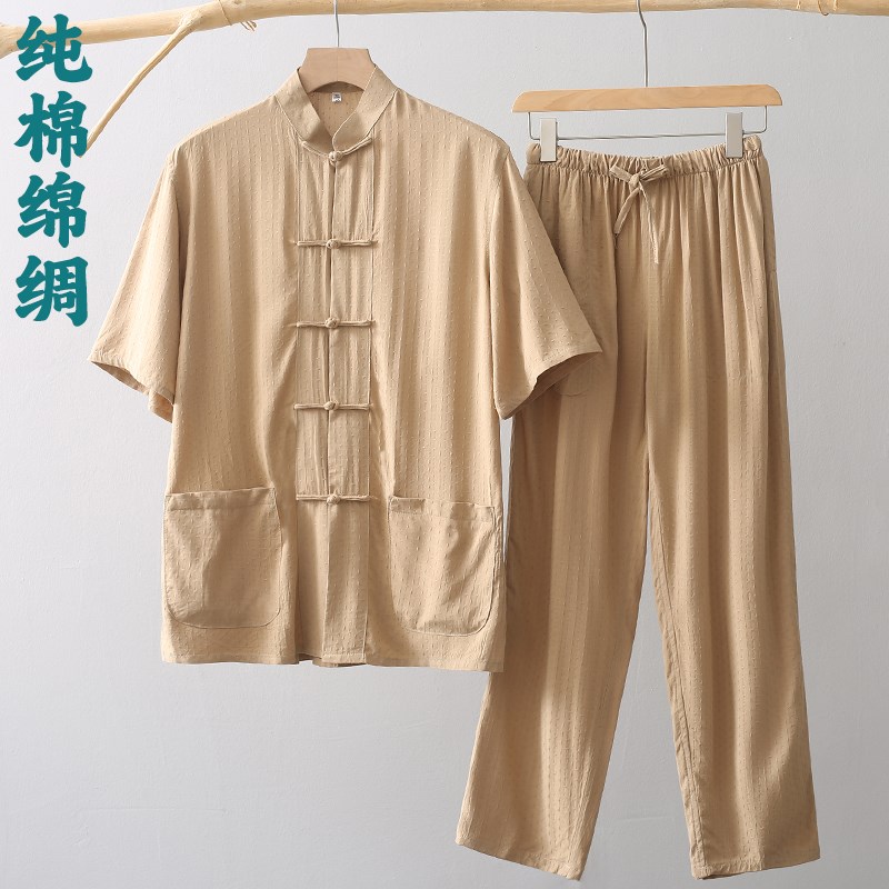 唐装男夏季短袖套装中老年薄款纯棉绵绸中国风中式男装爸爸爷爷装