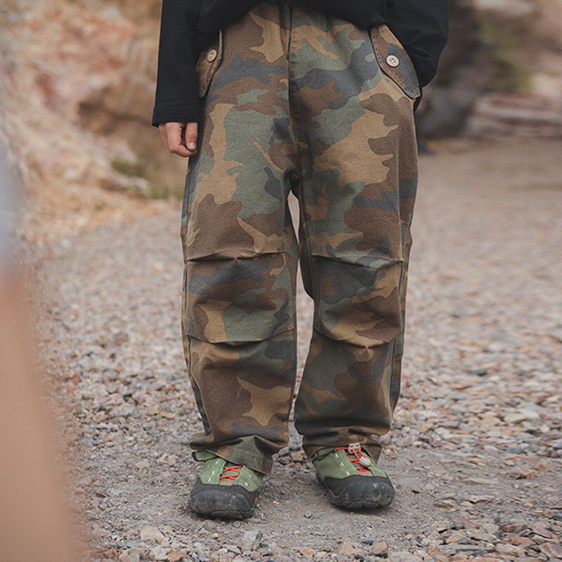 山系户外儿童迷彩工装裤2025春D季新款男童做旧纯棉宽松休闲长裤