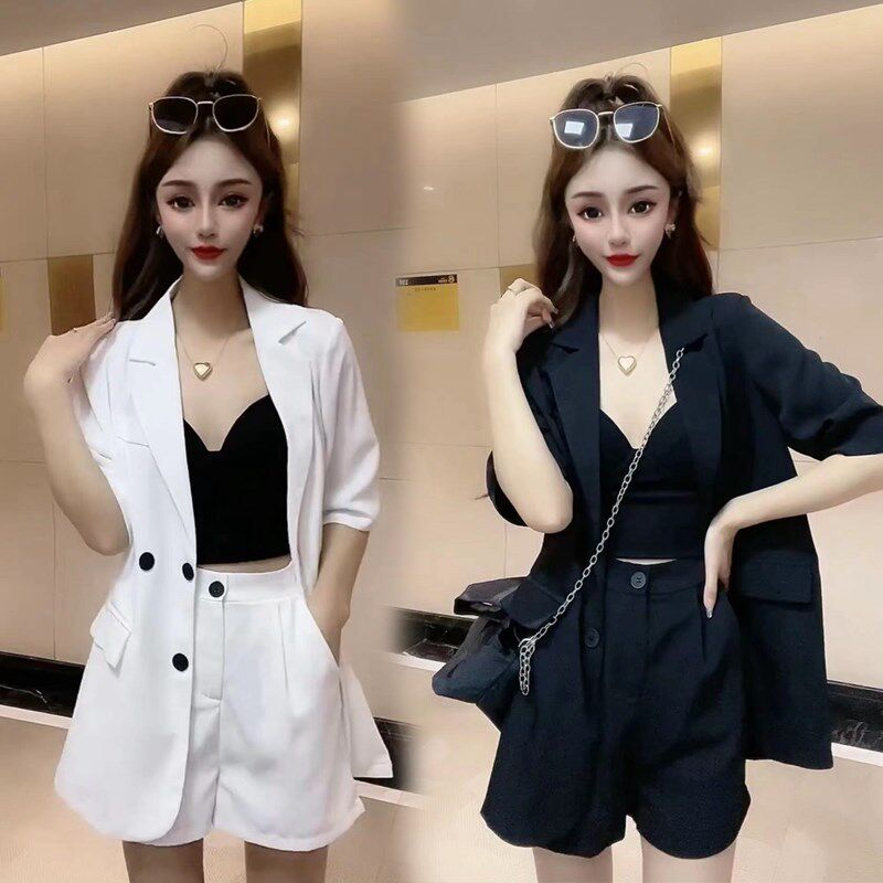 网红爆款时尚套装女2024夏季新款韩版短袖西装短裤两件套半袖西服