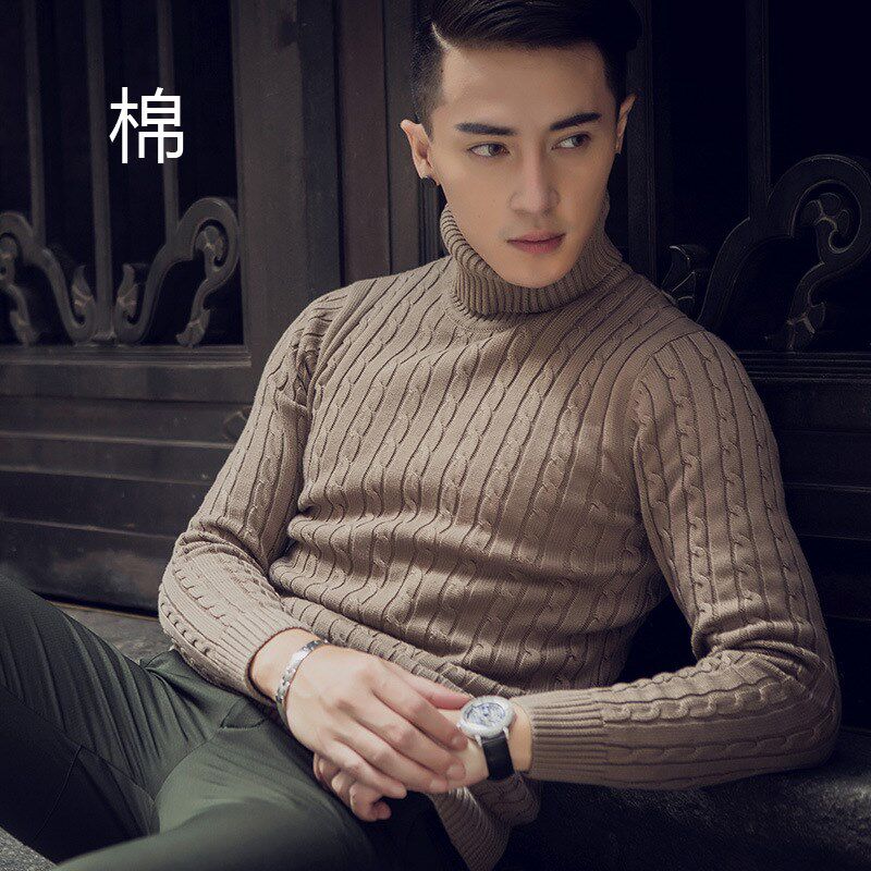 毛衣男纯棉麻花高领厚款加绒加厚长袖套头针织打底衫秋冬全棉大码