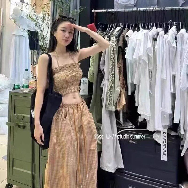 2025夏季新款韩版时尚简约百搭宽松显瘦格子背心抹胸+直筒裤套装