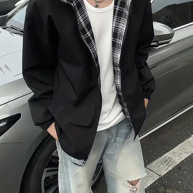 黑色拼接格子外套男春秋款高级感立领工装夹克美式短款情侣棒球服